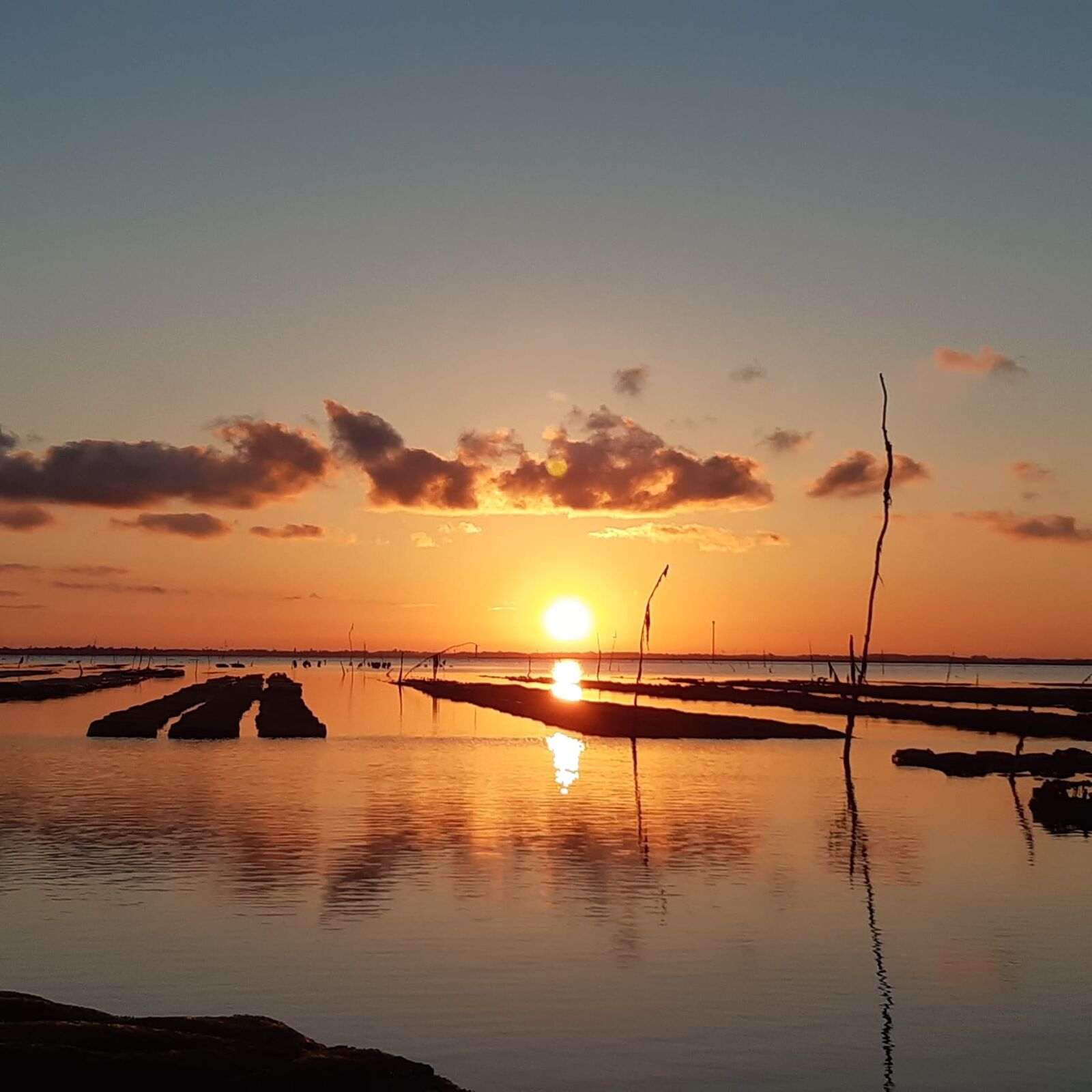 Coucher de soleil sur les parcs à huîtres à marée haute